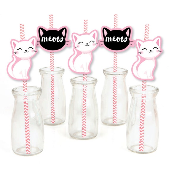 Purr-fect Kitty Cat - Paper Straw Decor - Kitten Meow Baby Shower or Birthday Party Striped Decorative Straws - Set of 24 Il_570xn