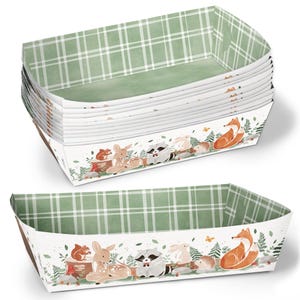 May include: A stack of rectangular paper baking pans with a woodland animal design. The interior features a green plaid pattern. The exterior border showcases a repeating pattern of a squirrel, deer, raccoon, rabbit, fox, and foliage.
