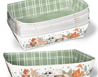 Woodland Animals Paper Food Trays, Disposable Food Boats for Forest Baby Shower or Birthday Party, Double-Sided Paper Meal Holders - 12 Ct