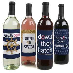 May include: Four wine bottle labels with a nautical theme. The labels feature gold glitter, anchors, a ship's wheel, and the text "Tying the Knot", "Drink or Swim", "Down the Hatch", and "Anchors Down Bottoms Up".