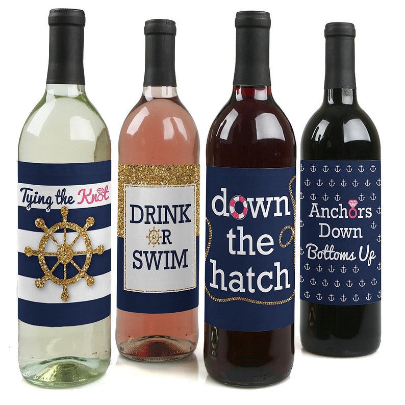 May include: Four wine bottle labels with a nautical theme. The labels feature gold glitter, anchors, a ship's wheel, and the text "Tying the Knot", "Drink or Swim", "Down the Hatch", and "Anchors Down Bottoms Up".