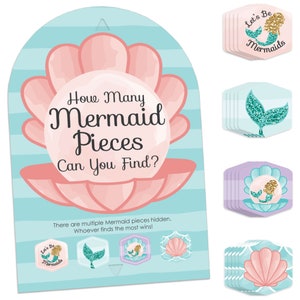 Let’s Be Mermaids - Baby Shower or Birthday Party Scavenger Hunt - 1 Stand and 48 Game Pieces - Hide and Find Game