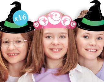 Paper Witch Hat and Pink Crown Headbands, Tiara Headbands for Pink & Green Girls' Birthday, DIY Halloween Costume Party Hat Favors, 16 Count