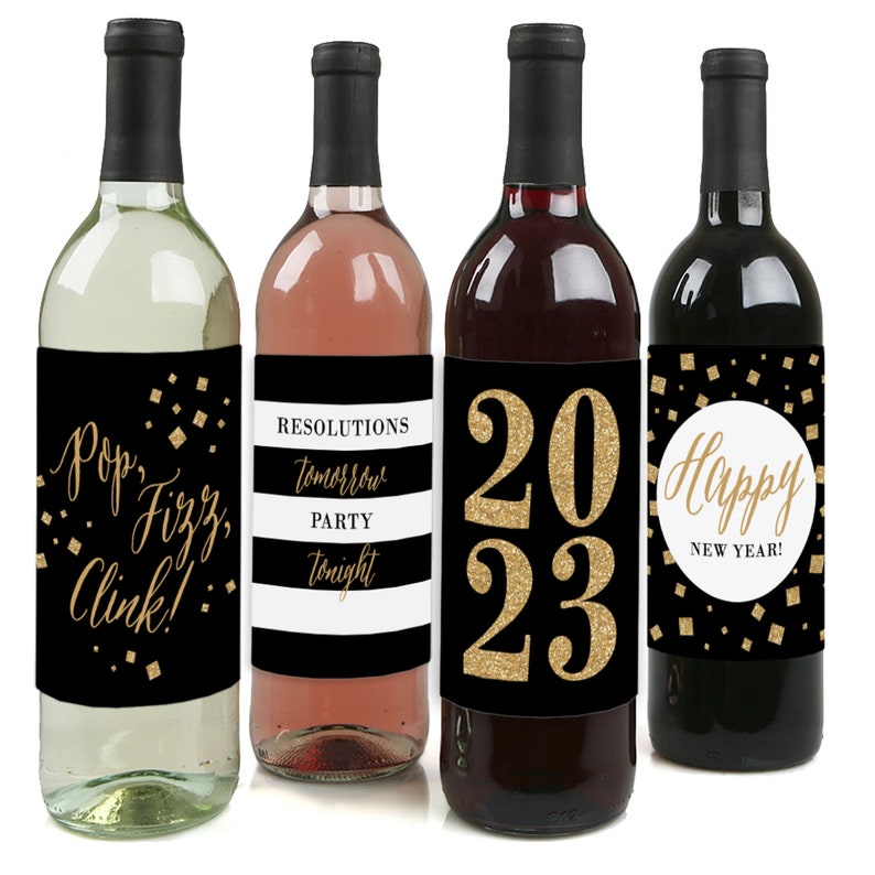 New Year's Eve Wine Labels - Gold & Black Wine Bottle Labels for Women and Men - 2023 New Year's Party Supplies - 4 Wine Labels 