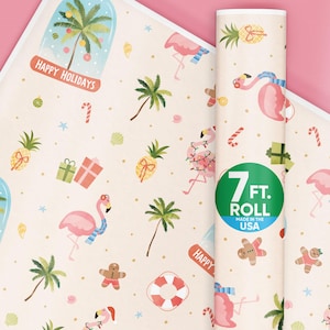 Beach Christmas Wrapping Paper, Tropical Holiday Gift Wrap Roll, Hawaiian Christmas Flamingo, Palm Tree Gift Paper, 24 in x 7 feet, 1 Roll