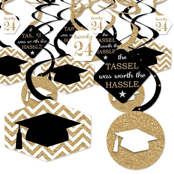 Tassel Worth The Hassle - Gold - 2024 Graduation Party Hanging Decor - Party Decoration Swirls - Set of 40