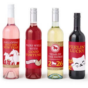 Chinese New Year - 2026 Year of the Horse Decorations for Women and Men - Wine Bottle Label Stickers - Set of 4