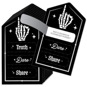 May include: A stack of black and white game cards with a skeleton hand illustration. The cards have the words "Truth", "Dare", and "Share". One card asks "What is your movie or television guilty pleasure?"