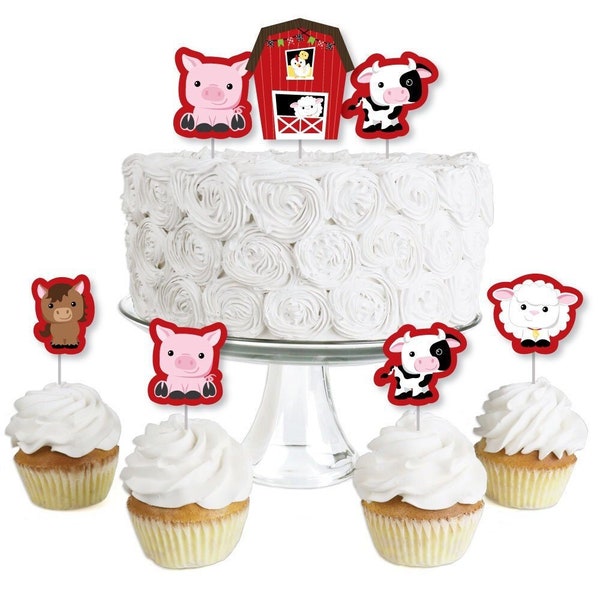 Farm Animals - Dessert Cupcake Toppers - Barnyard Baby Shower or Birthday Party Clear Treat Picks - Farm Animal Adventures - Set of 24