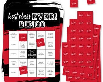 Reunited Red - Find the Classmate Bingo Cards and Markers - School Class Reunion Party Bingo Game - Set of 18