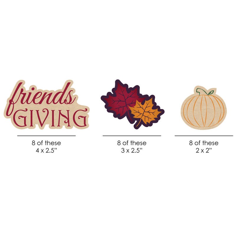 May include: A set of 24 Thanksgiving-themed paper cutouts. The set includes 8 "Friendsgiving" cutouts, 8 fall leaf cutouts, and 8 pumpkin cutouts. The cutouts are printed on brown paper with red, orange, and green accents.