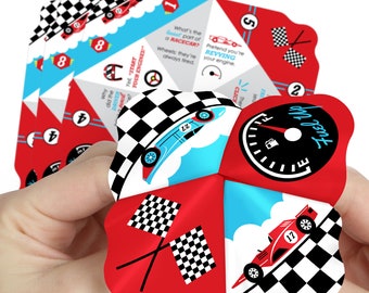 Let’s Go Racing - Racecar - Race Car Birthday Party or Baby Shower Cootie Catcher Game - Jokes and Dares Fortune Tellers - Set of 12