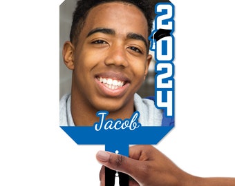 Custom Blue Grad Photo Paddles, Class of 2024 Face Fans with Handles, Personalized Grad Big Head on Stick Graduation Party Photo Booth Props