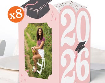 Rose Gold 2026 Graduation Photo Holder Centerpieces, 4x6 Picture Display Box Table Decoration Centerpiece for Pink Grad Party Decor, 8 Count