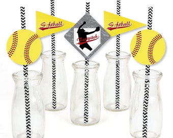 Grand Slam - Fastpitch Softball - Die-Cut Straw Decorations - Baby Shower or Birthday Party Paper Cut-Outs & Striped Paper Straws -Set of 24