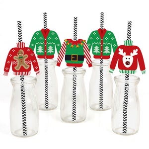 Ugly Sweater Die-Cut Straw Decorations Holiday or Christmas Party Paper Cut-Outs & Striped Paper Straws Tacky Sweater Party 24 pc. image 1