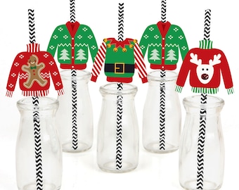 Ugly Sweater - Die-Cut Straw Decorations - Holiday or Christmas Party - Paper Cut-Outs & Striped Paper Straws - Tacky Sweater Party - 24 pc.