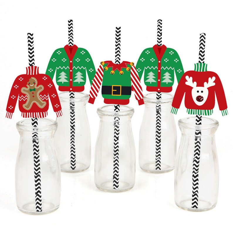 Pull moche Décorations en paille découpées Fête de Noël ou de Noël Découpes en papier et pailles en papier rayées Soirée pull collant 24 pc. image 1