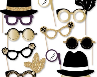 Roaring 20's - Photo Booth Accessories - Fun Selfie 1920's Decade Party Card Stock Paper Props Glasses - Party Props - 10 Piece