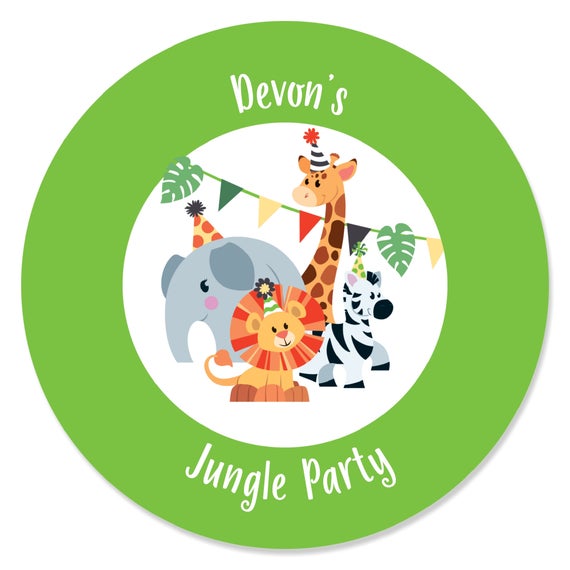 Jungle Party Animals - Custom Birthday Circle Stickers - Personalized Safari Zoo Animals Baby Shower DIY Craft Sticker Label Supplies -24 Ct Il_570xn