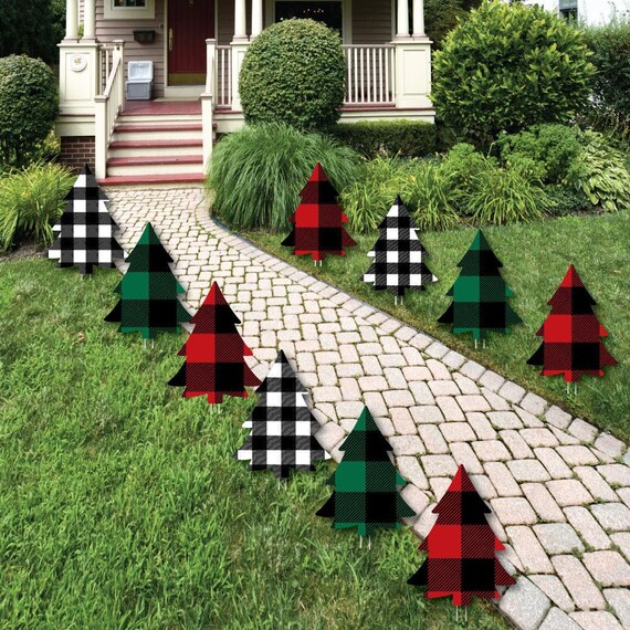Holiday Plaid Trees - Lawn Decorations - Outdoor Buffalo Plaid Christmas Party Yard Decorations - 10 Piece Il_570xn