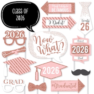 May include: A collection of graduation-themed photo booth props in various shapes. Includes speech bubbles with text like "Class of 2026" and "Now What?", along with glasses, a mortarboard, and arrows. The props are primarily pink and rose gold.