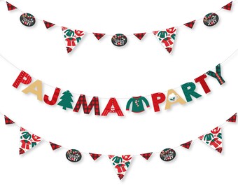 Christmas Pajamas - Holiday Plaid PJ Party Letter Banner Decoration - 36 Banner Cutouts and Pajama Party Banner Letters