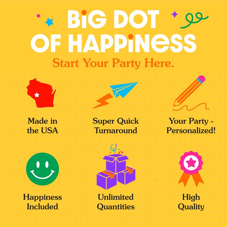 May include: A yellow graphic featuring the text Big Dot of Happiness and Start Your Party Here. Six icons are displayed: a red map of Wisconsin, a blue paper airplane, an orange pencil, a green smiley face, purple boxes, and a pink award ribbon.