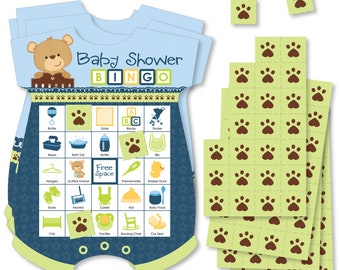 Baby Boy Teddy Bear - Picture Bingo Cards and Markers - Baby Shower Shaped Bingo Game - Set of 18