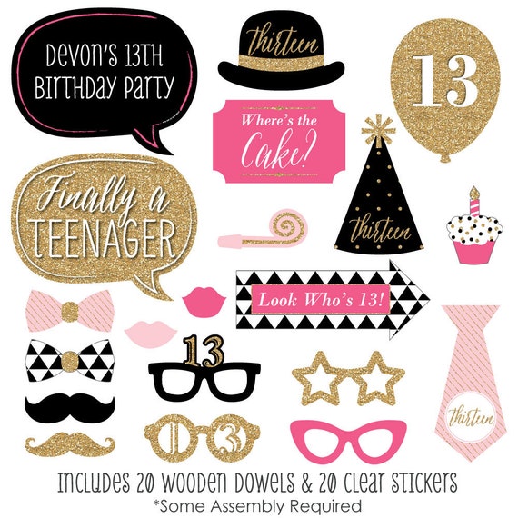 Chic 13th Birthday - Pink, Black, and Gold - Photo Booth Props - 13th Birthday Party Girl Photobooth Kit with Custom Talk Bubble - 20 Pieces Il_570xn