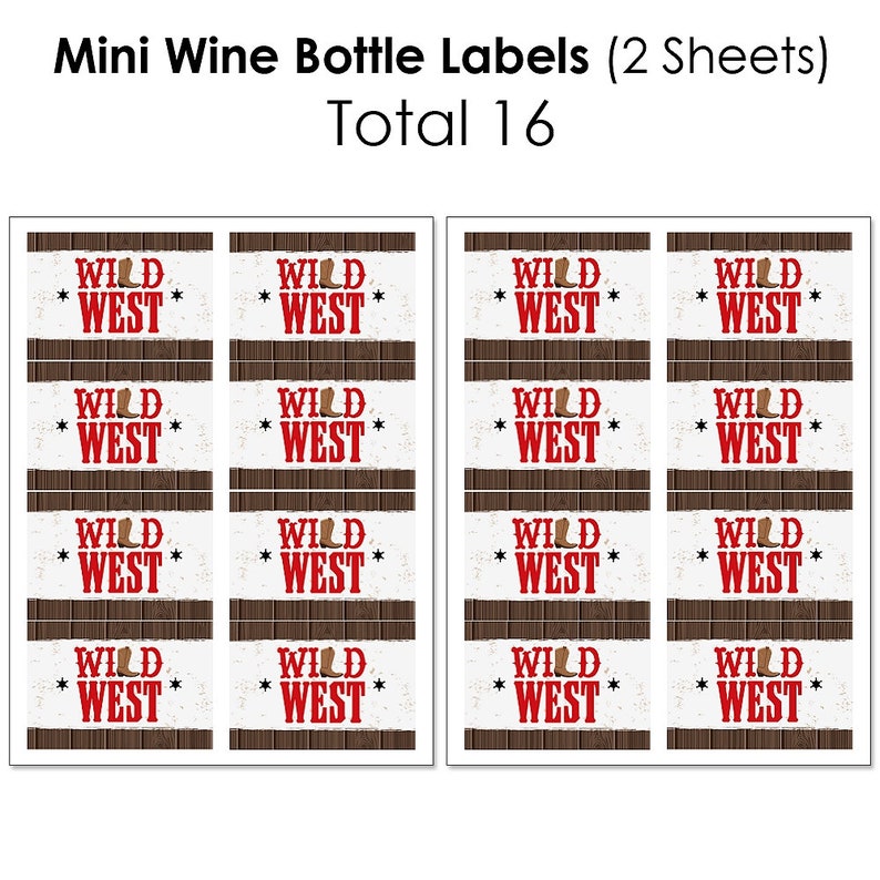 Western Hoedown Wine Bottle Labels and Water Bottle Labels Wild West Cowboy Party Decor Mini Wine Bottle Beverage Bar Kit 34 Pc