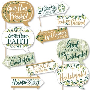May include: A set of 10 green and gold photo booth props with religious sayings. The props include speech bubbles and arrows with sayings like "Give Him Praise!" and "God Answers Prayers".