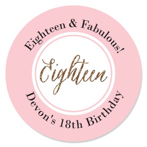 Personalized Chic 18th Birthday - Pink, Black and Gold - Custom Birthday Party Favor Circle Sticker Labels - Custom Text - 24 Count