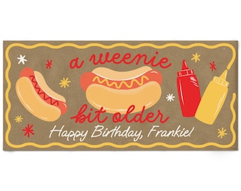 Personalized Hot Dog Birthday Kraft Paper Banner, A Weenie Bit Older Summer BBQ Picnic, Custom Name Printed Brown Paper Party Decor - 1 Ct