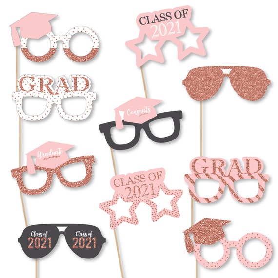 Rose Gold Grad Glasses and Masks - Paper Card Stock 2021 Graduation Party Photo Booth Props Kit - 10 Count Il_570xn