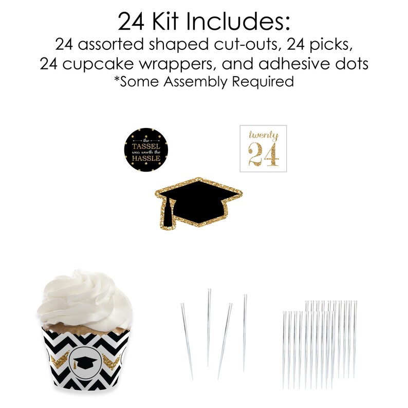 Tassel Worth The Hassle Gold Cupcake Decoration 2024 Graduation Party Cupcake Wrappers and Treat Picks Kit Set of 24 image 5