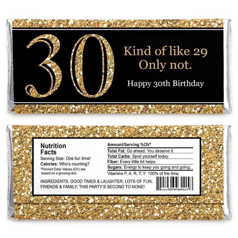 Adult 30th Birthday Birthday Party Favors Gold 30th Birthday Candy Bar Wrappers Set of 24