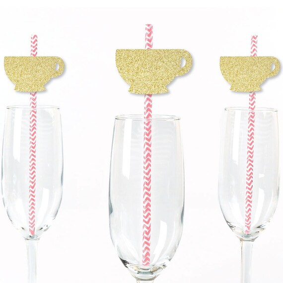Gold Glitter Tea Cup Party Straws - No-Mess Real Gold Glitter Cut-Outs and Decorative Garden Tea Party Paper Straws - Set of 24 Il_570xn