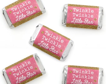 Pink Twinkle Twinkle Little Star - Mini Candy Bar Wrapper Stickers - Baby Shower or Birthday Party Small Favors - 40 Count