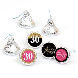 Chic 30th Birthday Pink, Black and Gold Round Candy Sticker Favors Labels Fit Chocolate Candy 1 sheet of 108 image 1