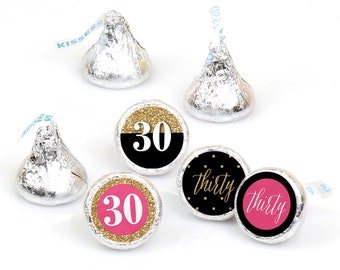 Chic 30th Birthday - Pink, Black and Gold - Round Candy Sticker Favors – Labels Fit Chocolate Candy (1 sheet of 108)