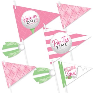 Golf Girl - Triangle Pink Birthday Party or Baby Shower Photo Props - Pennant Flag Centerpieces - Set of 20