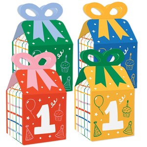 May include: Four colorful gift boxes with bow-shaped lids. Each box features a large white number 1, party-themed illustrations, and a grid pattern. The boxes are in red, green, blue, and yellow with matching bow colors.
