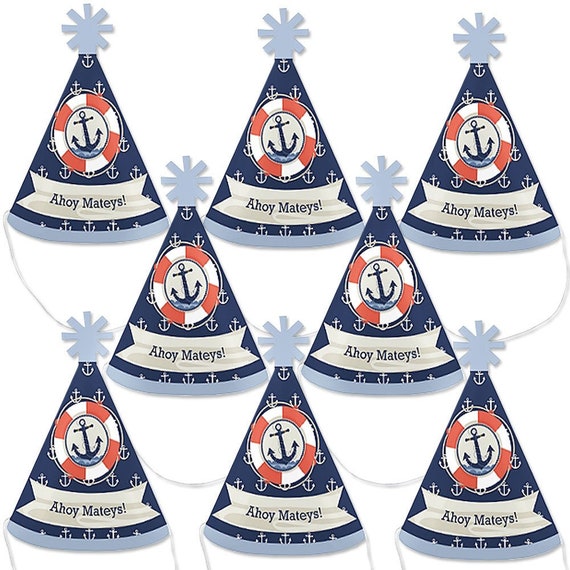 Ahoy Nautical Mini Cone Baby Shower or Birthday Party Hats Small