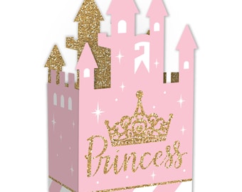 Little Princess Crown - Pink and Gold Princess Baby Shower or Birthday Party Favor Gift Boxes - Castle Boxes - Set of 12