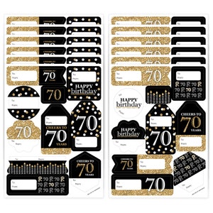 Adult 70th Birthday - Gold - Assorted Birthday Party Gift Tag Labels - To and From Stickers - 12 Sheets - 120 Stickers
