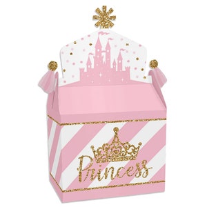 May include: Pink and white striped princess-themed gift box with a gold glitter crown and the word "Princess". The box features a castle design and gold accents, perfect for party favors or small gifts.