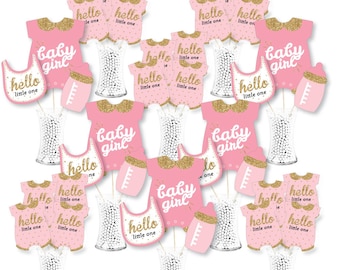 Hello Little One - Pink and Gold - Girl Baby Shower Centerpiece Sticks - Showstopper Table Toppers - 35 Pieces