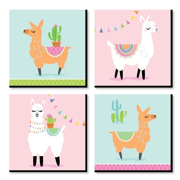 Whole Llama Fun - Kids Room, Nursery Décor and Home Décor - 11 x 11 inches Nursery Wall Art - Set of 4 Prints for Baby’s Room