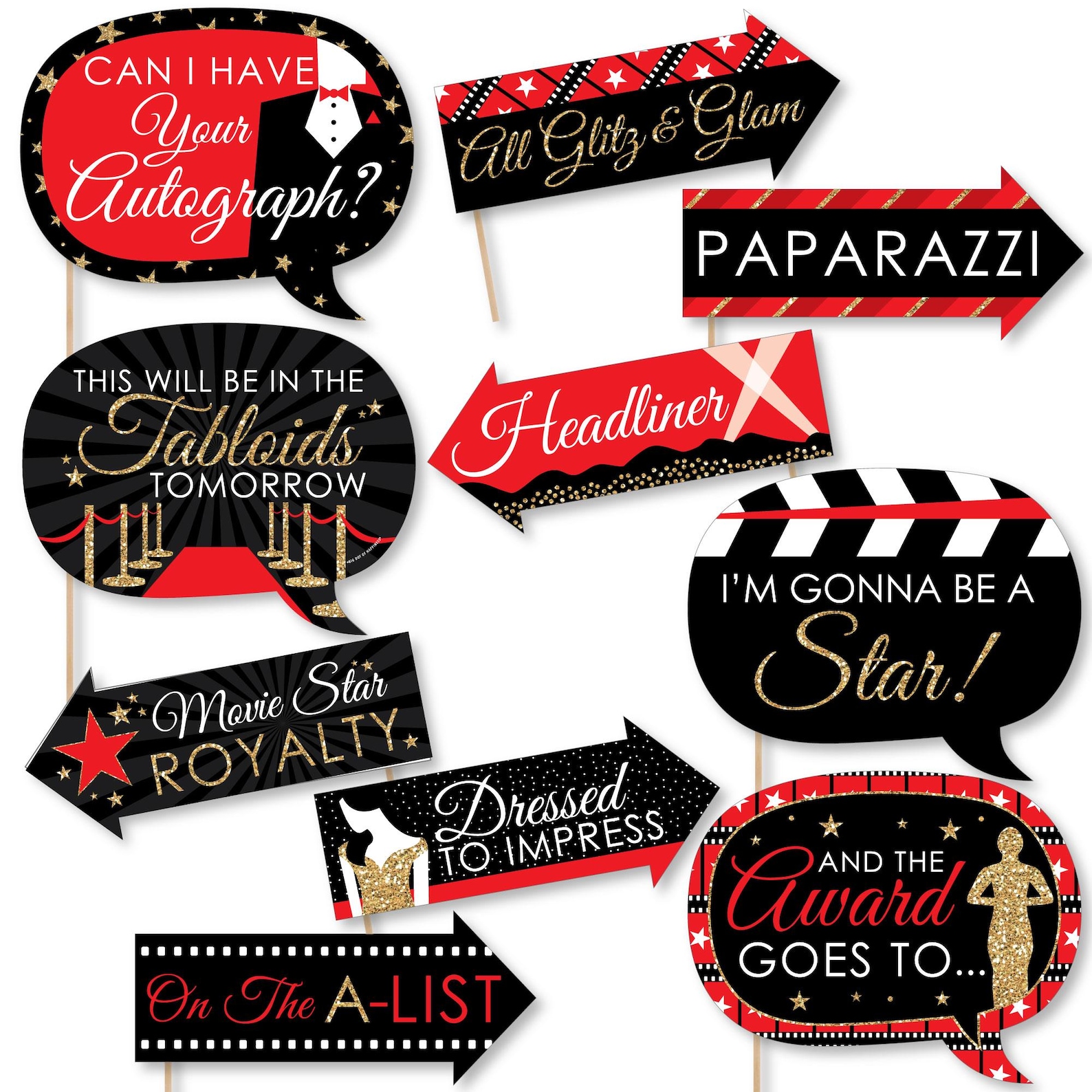 Funny Red Carpet  Movie Night Party Photo Booth Props Kit  10 Piece